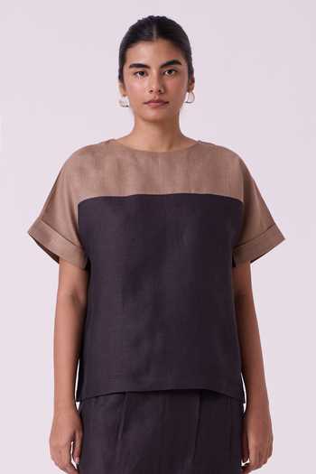 The Summer House_Brown Linen Boat Neck Jiku Charcoal Color Block Top _Online_at_Aza_Fashions