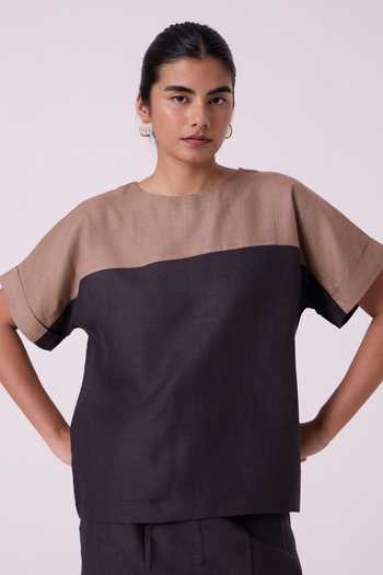 Buy_The Summer House_Brown Linen Boat Neck Jiku Charcoal Color Block Top _Online_at_Aza_Fashions