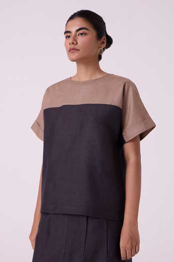 Shop_The Summer House_Brown Linen Boat Neck Jiku Charcoal Color Block Top _Online_at_Aza_Fashions