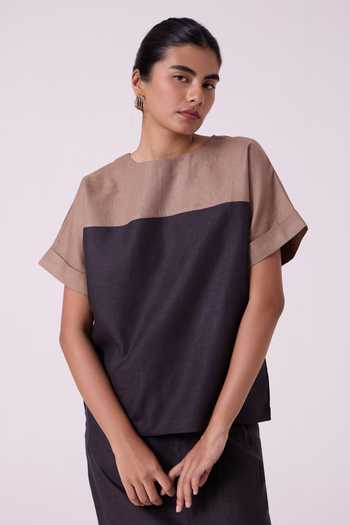 The Summer House_Brown Linen Boat Neck Jiku Charcoal Color Block Top _at_Aza_Fashions