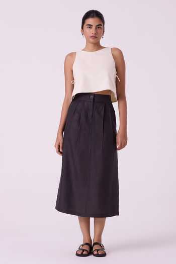 The Summer House_Black Linen Sandra Charcoal Midi Skirt _Online_at_Aza_Fashions