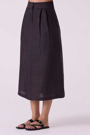 The Summer House_Black Linen Sandra Charcoal Midi Skirt _at_Aza_Fashions