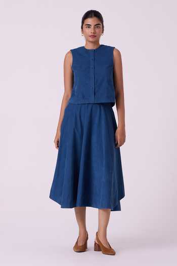 The Summer House_Blue Cotton, Corduroy Boga Needlecord Skirt _Online_at_Aza_Fashions