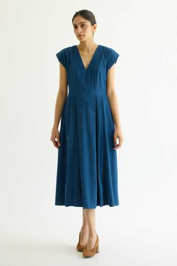 The Summer House Blue Cotton, Corduroy V-neck Lada Needlecord Dress Online at Aza Fashions The Summer House_Blue Cotton, Corduroy V-neck Lada Needlecord Dress _Online_at_Aza_Fashions