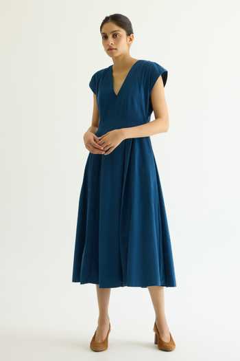 Buy The Summer House Blue Cotton, Corduroy V-neck Lada Needlecord Dress Online at Aza Fashions Buy_The Summer House_Blue Cotton, Corduroy V-neck Lada Needlecord Dress _Online_at_Aza_Fashions