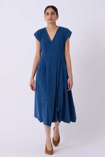 Shop The Summer House Blue Cotton, Corduroy V-neck Lada Needlecord Dress Online at Aza Fashions Shop_The Summer House_Blue Cotton, Corduroy V-neck Lada Needlecord Dress _Online_at_Aza_Fashions
