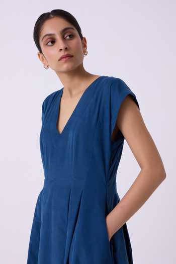 The Summer House Blue Cotton, Corduroy V-neck Lada Needlecord Dress at Aza Fashions The Summer House_Blue Cotton, Corduroy V-neck Lada Needlecord Dress _at_Aza_Fashions