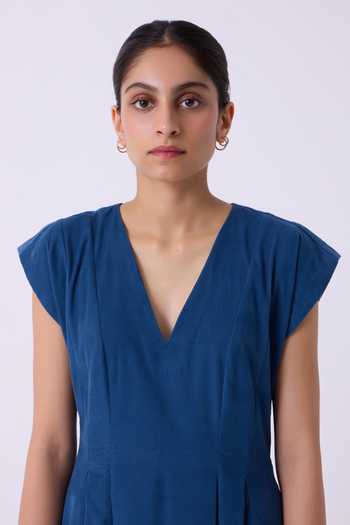 Buy The Summer House Blue Cotton, Corduroy V-neck Lada Needlecord Dress Buy_The Summer House_Blue Cotton, Corduroy V-neck Lada Needlecord Dress