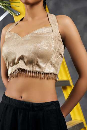 Shop_Vandana Sethi_Gold Velvet Sweetheart , Halter Blouse _Online_at_Aza_Fashions