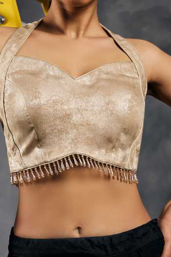 Buy_Vandana Sethi_Gold Velvet Sweetheart , Halter Blouse 