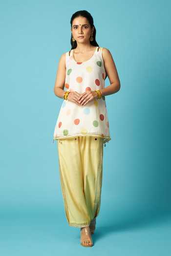 Vedika M Multi Color Chanderi Scoop Neck, Yes Polka Dot Print Kurta Pant Set Online at Aza Fashions Vedika M_Multi Color Chanderi Scoop Neck, Yes Polka Dot Print Kurta Pant Set _Online_at_Aza_Fashions