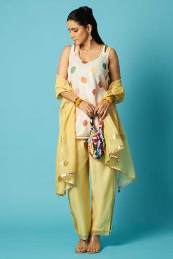 Vedika M Multi Color Chanderi Scoop Neck, Yes Polka Dot Print Kurta Pant Set at Aza Fashions Vedika M_Multi Color Chanderi Scoop Neck, Yes Polka Dot Print Kurta Pant Set _at_Aza_Fashions