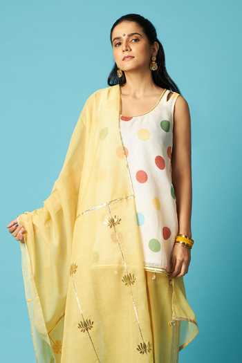 Buy Vedika M Multi Color Chanderi Scoop Neck, Yes Polka Dot Print Kurta Pant Set Buy_Vedika M_Multi Color Chanderi Scoop Neck, Yes Polka Dot Print Kurta Pant Set
