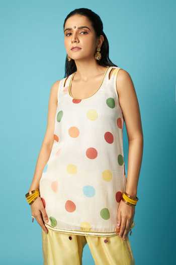 Shop Vedika M Multi Color Chanderi Scoop Neck, Yes Polka Dot Print Kurta Pant Set Shop_Vedika M_Multi Color Chanderi Scoop Neck, Yes Polka Dot Print Kurta Pant Set