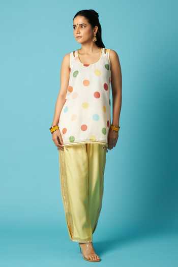 Buy_Vedika M_Multi Color Kota Doria, Chanderi Scoop Neck, Yes Polka Print Kurta Set _Online_at_Aza_Fashions