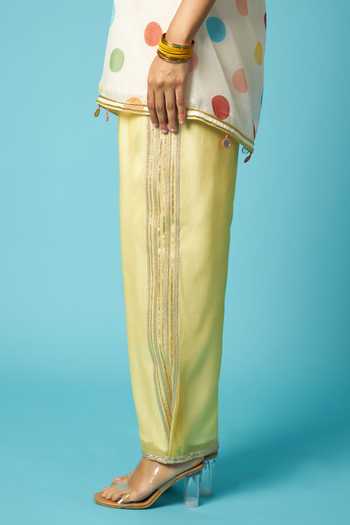 Shop_Vedika M_Multi Color Kota Doria, Chanderi Scoop Neck, Yes Polka Print Kurta Set _Online_at_Aza_Fashions