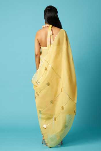 Vedika M_Yellow Chanderi Halter Neck, Yes Bandhani Print Kurta Pant Set _Online_at_Aza_Fashions