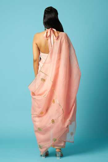 Shop Vedika M Peach Chanderi V-neck, Halter Neck, Yes Bandhani Pattern Kurta Set Online at Aza Fashions Shop_Vedika M_Peach Chanderi V-neck, Halter Neck, Yes Bandhani Pattern Kurta Set _Online_at_Aza_Fashions