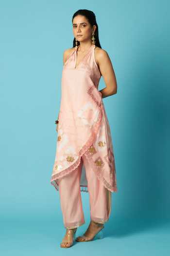 Buy Vedika M Peach Chanderi Halter Neck, Yes Printed Kurta Pant Set Online at Aza Fashions Buy_Vedika M_Peach Chanderi Halter Neck, Yes Printed Kurta Pant Set _Online_at_Aza_Fashions