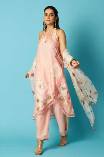 Vedika M Peach Chanderi Halter Neck, Yes Printed Kurta Pant Set at Aza Fashions Vedika M_Peach Chanderi Halter Neck, Yes Printed Kurta Pant Set _at_Aza_Fashions