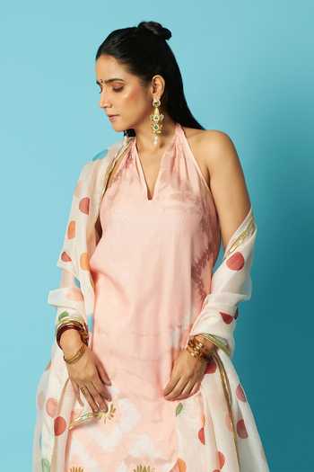 Buy Vedika M Peach Chanderi Halter Neck, Yes Printed Kurta Pant Set Buy_Vedika M_Peach Chanderi Halter Neck, Yes Printed Kurta Pant Set