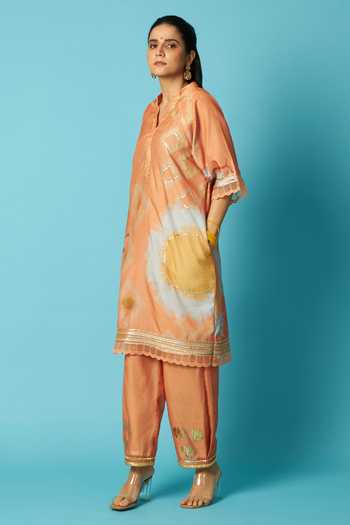 Buy_Vedika M_Orange Chanderi Split V-neck, Yes Printed Kurta With Pant _Online_at_Aza_Fashions