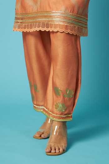 Shop_Vedika M_Orange Chanderi Split V-neck, Yes Printed Kurta With Pant _Online_at_Aza_Fashions