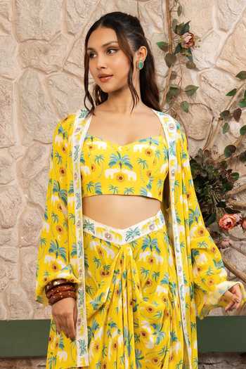Senren By Eshana Raut Yellow Crepe Bohemian Print Cape Skirt Set Online at Aza Fashions Senren By Eshana Raut_Yellow Crepe Bohemian Print Cape Skirt Set _Online_at_Aza_Fashions
