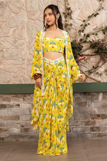 Buy Senren By Eshana Raut Yellow Crepe Bohemian Print Cape Skirt Set Online at Aza Fashions Buy_Senren By Eshana Raut_Yellow Crepe Bohemian Print Cape Skirt Set _Online_at_Aza_Fashions