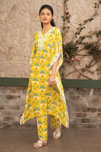 Buy Senren By Eshana Raut Yellow Crepe Bohemian Print Kaftan And Pant Set Online at Aza Fashions Buy_Senren By Eshana Raut_Yellow Crepe Bohemian Print Kaftan And Pant Set _Online_at_Aza_Fashions