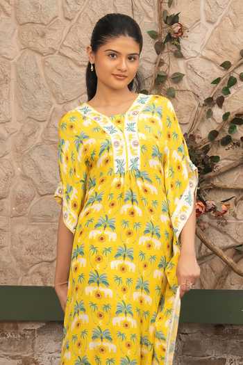 Shop Senren By Eshana Raut Yellow Crepe Bohemian Print Kaftan And Pant Set Online at Aza Fashions Shop_Senren By Eshana Raut_Yellow Crepe Bohemian Print Kaftan And Pant Set _Online_at_Aza_Fashions