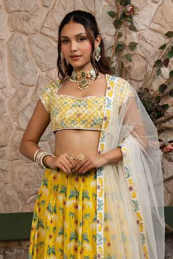 Senren By Eshana Raut Yellow Crepe, Net Bohemian Print Lehenga Set Online at Aza Fashions Senren By Eshana Raut_Yellow Crepe, Net Bohemian Print Lehenga Set _Online_at_Aza_Fashions