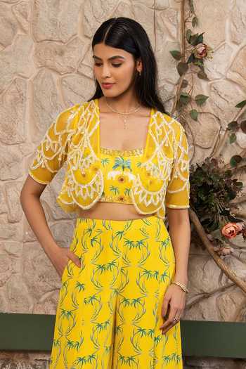 Senren By Eshana Raut Yellow Crepe, Net Tropical Print Cape Sharara Set Online at Aza Fashions Senren By Eshana Raut_Yellow Crepe, Net Tropical Print Cape Sharara Set _Online_at_Aza_Fashions
