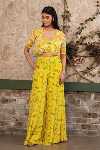 Shop Senren By Eshana Raut Yellow Crepe, Net Tropical Print Cape Sharara Set Online at Aza Fashions Shop_Senren By Eshana Raut_Yellow Crepe, Net Tropical Print Cape Sharara Set _Online_at_Aza_Fashions