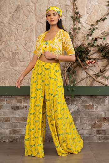 Senren By Eshana Raut Yellow Crepe, Net Tropical Print Cape Sharara Set at Aza Fashions Senren By Eshana Raut_Yellow Crepe, Net Tropical Print Cape Sharara Set _at_Aza_Fashions