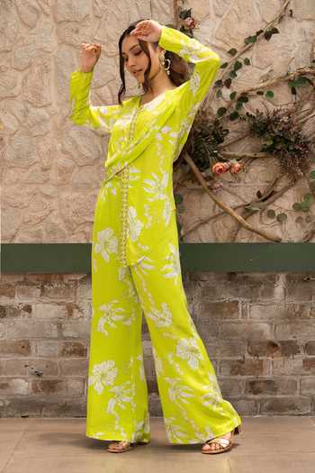 Shop Senren By Eshana Raut Green Crepe Floral Print Draped Top And Pant Set Online at Aza Fashions Shop_Senren By Eshana Raut_Green Crepe Floral Print Draped Top And Pant Set _Online_at_Aza_Fashions