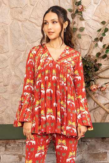 Senren By Eshana Raut Maroon Crepe Bohemian Print Short Kurta And Pant Set Online at Aza Fashions Senren By Eshana Raut_Maroon Crepe Bohemian Print Short Kurta And Pant Set _Online_at_Aza_Fashions