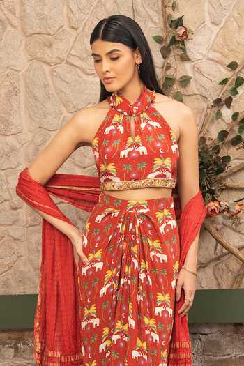 Senren By Eshana Raut Maroon Crepe Bohemian Print Blouse Skirt Set Online at Aza Fashions Senren By Eshana Raut_Maroon Crepe Bohemian Print Blouse Skirt Set _Online_at_Aza_Fashions