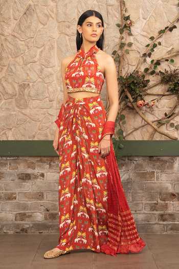 Senren By Eshana Raut Maroon Crepe Bohemian Print Blouse Skirt Set at Aza Fashions Senren By Eshana Raut_Maroon Crepe Bohemian Print Blouse Skirt Set _at_Aza_Fashions