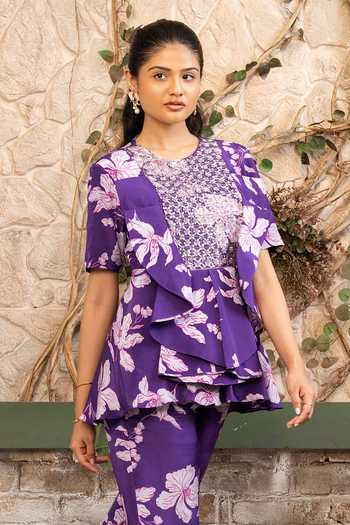 Senren By Eshana Raut Purple Crepe Printed Peplum Top And Pant Set Online at Aza Fashions Senren By Eshana Raut_Purple Crepe Printed Peplum Top And Pant Set _Online_at_Aza_Fashions