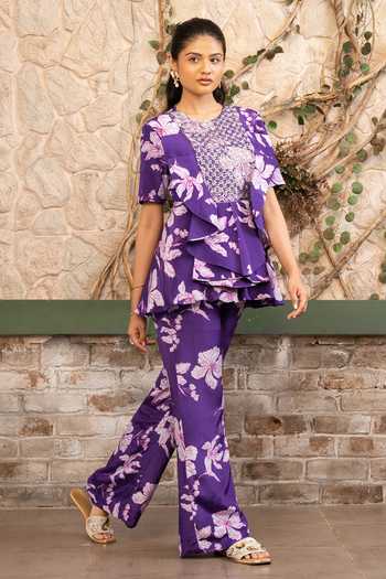 Buy Senren By Eshana Raut Purple Crepe Printed Peplum Top And Pant Set Online at Aza Fashions Buy_Senren By Eshana Raut_Purple Crepe Printed Peplum Top And Pant Set _Online_at_Aza_Fashions