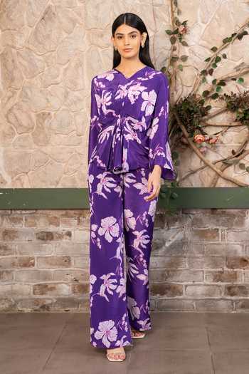 Shop Senren By Eshana Raut Purple Crepe Floral Print Top And Pant Set Online at Aza Fashions Shop_Senren By Eshana Raut_Purple Crepe Floral Print Top And Pant Set _Online_at_Aza_Fashions