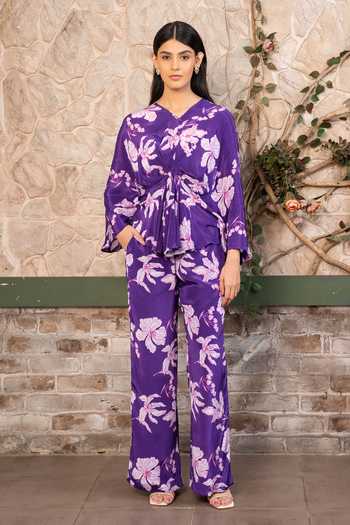 Senren By Eshana Raut Purple Crepe Floral Print Top And Pant Set at Aza Fashions Senren By Eshana Raut_Purple Crepe Floral Print Top And Pant Set _at_Aza_Fashions