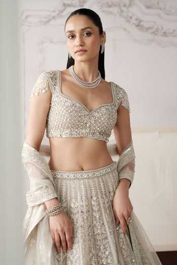 Buy Basanti Kapde Aur Koffee Grey Silk, Net Sweetheart Neck Platinum Eclat Embroidered Lehenga Set Online at Aza Fashions Buy_Basanti Kapde Aur Koffee_Grey Silk, Net Sweetheart Neck Platinum Eclat Embroidered Lehenga Set _Online_at_Aza_Fashions