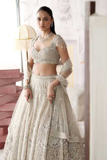 Shop Basanti Kapde Aur Koffee Grey Silk, Net Sweetheart Neck Platinum Eclat Embroidered Lehenga Set Online at Aza Fashions Shop_Basanti Kapde Aur Koffee_Grey Silk, Net Sweetheart Neck Platinum Eclat Embroidered Lehenga Set _Online_at_Aza_Fashions