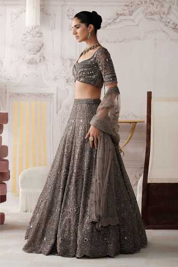 Basanti Kapde aur Koffee_Grey Silk, Net Leaf Neck Graphite Etoile Embroidered Lehenga Set _Online_at_Aza_Fashions