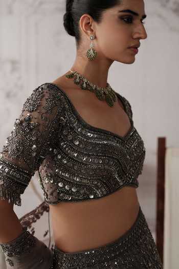Buy_Basanti Kapde aur Koffee_Grey Silk, Net Leaf Neck Graphite Etoile Embroidered Lehenga Set _Online_at_Aza_Fashions
