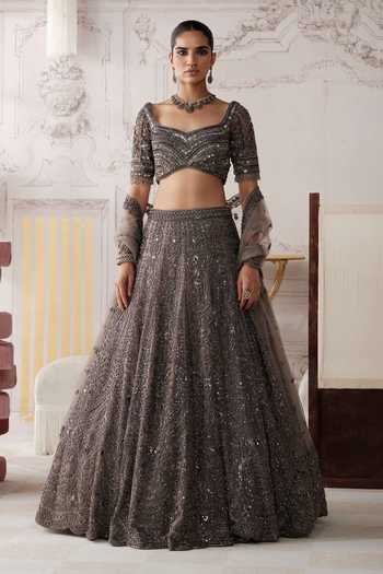 Shop_Basanti Kapde aur Koffee_Grey Silk, Net Leaf Neck Graphite Etoile Embroidered Lehenga Set _Online_at_Aza_Fashions