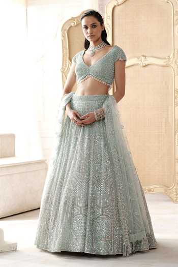 Basanti Kapde Aur Koffee Glacial Mint Embroidered Lehenga Set