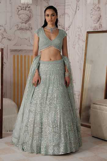 Buy Basanti Kapde Aur Koffee Blue Silk, Net V-neck Glacial Mint Embroidered Lehenga Set Online at Aza Fashions Buy_Basanti Kapde Aur Koffee_Blue Silk, Net V-neck Glacial Mint Embroidered Lehenga Set _Online_at_Aza_Fashions
